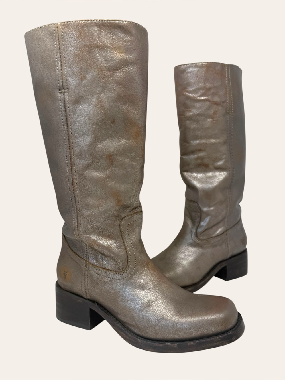 FRYE Campus 14L Leather Riding Boots Stacked Heel Metallic Stone 9 Women’s